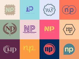 NP logo company template. Letter n and p logotype. Set different classic serif lettering and modern bold text with design elements. Initial font typography. vector