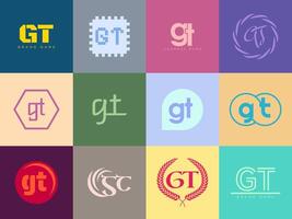 GT logo company template. Letter g and t logotype. Set different classic serif lettering and modern bold text with design elements. Initial font typography. vector