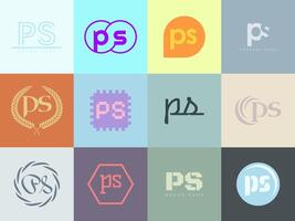 PS logo company template. Letter p and s logotype. Set different classic serif lettering and modern bold text with design elements. Initial font typography. vector