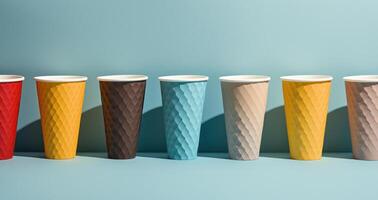 Array of Textured Colorful Paper Cups. Patterned Disposable Cups in Row. Beverage Container. photo