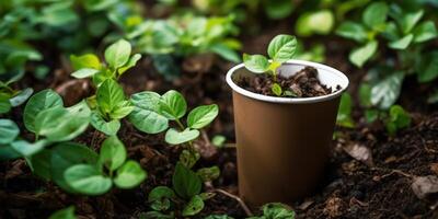 Eco-Friendly Gardening. Sprouting Plant In Recyclable Paper Cup. Green Young Plant Growing In Biodegradable Cup. photo