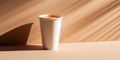 Minimalist Coffee Cup on Textured Beige Surface. Cappuccino in Disposable Paper To Go Coffee Cup in Sunlight. photo