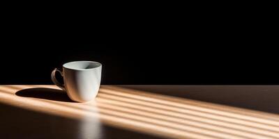 Ceramic White Mug On Wooden Table At Morning Light. photo
