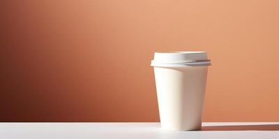 Coffee Cup On Clean White Table and Neutral Pastel Background. Minimalist Disposable Coffee Cup To Go. photo