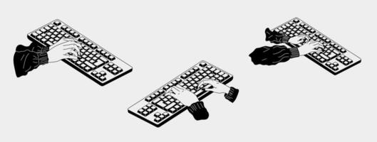 Set of three black and white female hands working on keyboard. Working, studying, work from home concept. vector