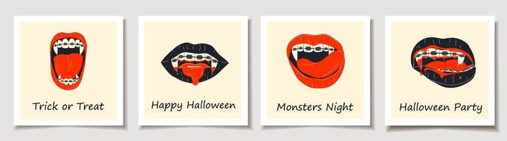 Set of Halloween cards with Set of four Vampire mouth with braces and fangs. Greeting cards. vector