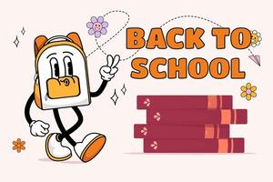 Back to school funny trendy retro groovy cartoon style. Character backpack in retro groovy cartoon style. Mascot vector