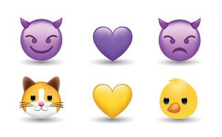 6 Emoticon isolated on White Background. Devil, violet and yellow heart, mouse, cat, chicken emoji Illustration. 3d Illustration set. vector