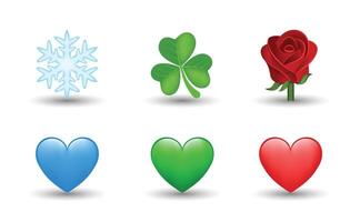 6 Emoticon isolated on White Background. Blue, red and green heart, snowflake, clover leaf, red rose emoji Illustration. 3d Illustration set. vector