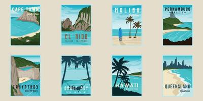 set of various island or beach poster illustration template graphic design. bundle collection of travel banner and sign for business or vacation concept vector