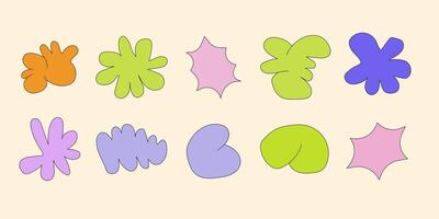 Abstract Retro Shapes and Funky Groovy Forms. Geometric Stickers with Different Elements Cloud, Flower, Star, Bubble, Spiral, Spring Coil, Wave in Cartoon 90s vector