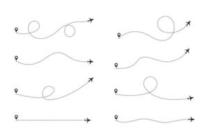 Airplane line path routes. Travel from start point and dotted line tracing. Plane routes flight air dotted. Aircraft route dotted lines. Plane and track icon on a white background. vector