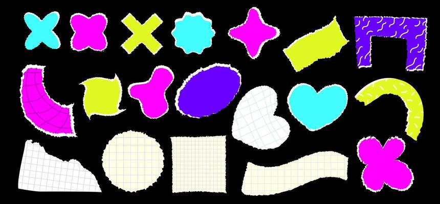 Torn and crumpled collage paper collection on a black background.Modern torn paper notebook sheets,old paper for modern art collage.Retro Y2k elements and shapes, scraps for design. illustration