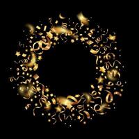 Gold serpentine ribbons and confetti with stars round frame template for holiday design on a black background.Gold shiny twisted ribbons confetti background with empty space for your message. vector