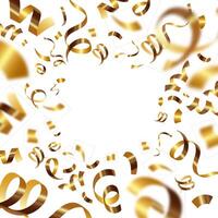 Realistic golden confetti and serpentine ribbons flying at the air on a white background with space for message.Golden confetti close-up and with blur.Holiday firecracker. Party decorations. vector