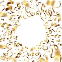 Realistic Gold confetti background frame with place for message on white background illustration. Close-up of Festive serpentine ribbons and confetti flying with a blur effect. Party background vector