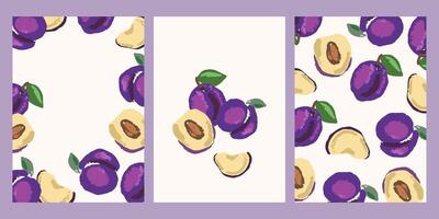 Abstract drawing plum fruit template set for poster banner print design.Product design with abstract hand drawn fruits. Hand drawing Summer background modern art drawing. illustration vector
