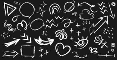 Hand drawn chalk doodles in chalk board style set.Chalk graphic elements arrows,frames,shapes and shapes,heart,eye,stars,clouds,planet. Crayon handwritten doodles.Chalk drawn elements vector