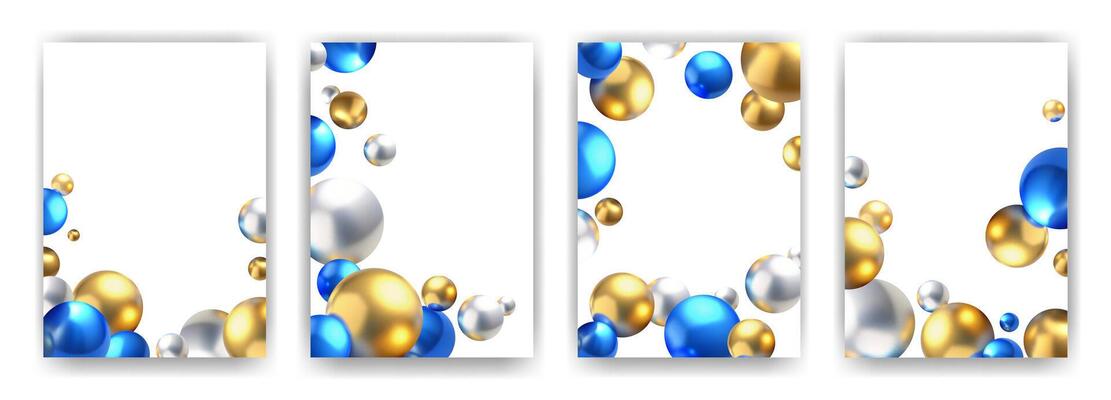 Realistic 3D spheres posters backgrounds set. Glowing bubbles templates for covers, banners, advertising and other designs. Creative poster set with realistic metallic balls with place for text.