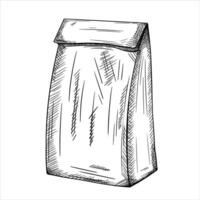 Beige bag made of craft organic paper. Package for storing seeds and spices, tea and coffee, snacks and lunches. For gardeners, florists, farmers. Template design by black inks in linear style vector