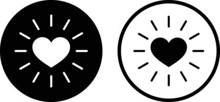 Shining heart icon set in two styles . Heart sunshine icon . Heart with shine icon . love burst icon vector