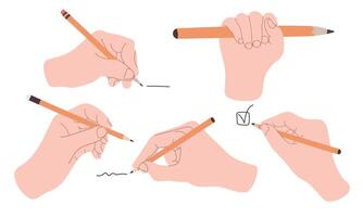 Set of hands holding a pencil isolated on white. Pencil marks during the learning process, checking. illustration in flat style. vector