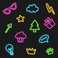 Neon doodle icon set isolated on black background. Pop art neon light sign. vector