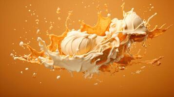 Dynamic Splash of Milk and Caramel on Orange Background photo