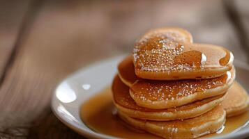 stack of heart shaped pancakes covered in maple syrup on a plate photo