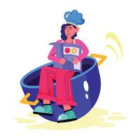 Chef sitting on pot while holding cookbook, flat illustration vector