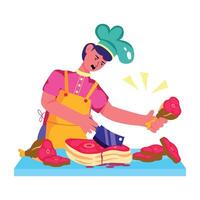 Male chef cutting meat, flat style illustration vector