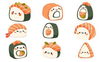 Set of illustrations in kawaii style. Cute smiling rolls and sushi on white background vector