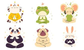 collection of animals in lotus pose. Pug, panda, rabbit, mouse, cat and frog in lotus pose meditating vector