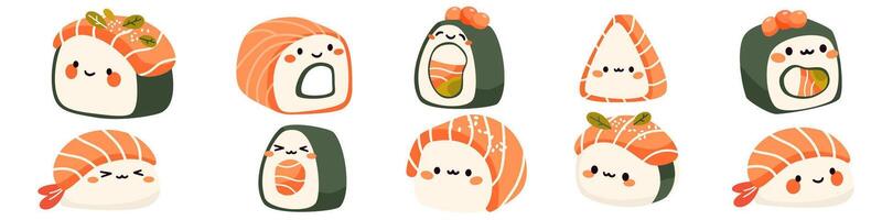 Set of illustrations in kawaii style. Cute smiling rolls and sushi on white background vector