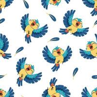 Seamless pattern. Cute happy parrot and feathers on white background vector