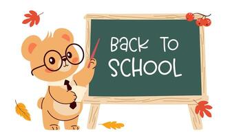 Flat illustration in childish style on the theme of education. Cute bear in glasses and with a pointer points to the school blackboard, lettering back to school vector