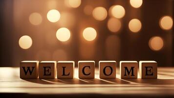 Words WELCOME written on wooden cubes blocks on table with bokeh light background and copy space. Business, welcome and support concept. photo