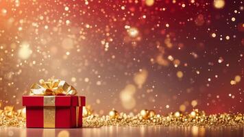 Left composition of one gift boxes with a shinny bow adorned gold ball on floor scene. decorative with golden ball, sparkle, confetti, red and yellow bokeh light on background photo