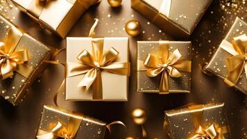 Top view of eight gold gift boxes with a shinny bow adorned gold balls, yellow sparkle on golden floor. diffused light from top. photo
