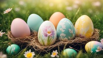 Close up Easter decorative scene adorned six colorful pastel eggs pianted on nest and one outside in meadow with little flower and bokeh light photo