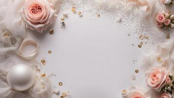 Top view scene layout adorned nude color roses and veil and ball on white background with center free space for creative design photo