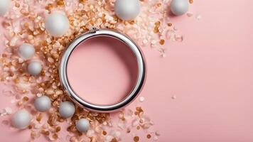 Top view close up of wedding daimond ring adorned layout flower petals and balls on pastel pink background with free space for creative design photo
