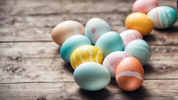 Close up Easter decorative scene adorned colorful pastel eggs with patterned on wooden table with free space for creative design photo
