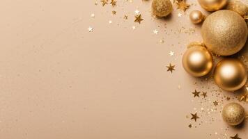 Top view right compose of celebrate moment layout adorned gold balls, golden stars confetti, particles sprinkles, on beige color scene. left compose free space for creative design photo