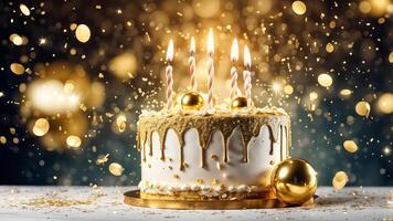 Golden sparking topper on white cake adorned five candles with fire, shinny gold ball, confetti and bokeh light on background. photo