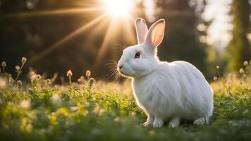 White rabbit in meadow right composed. Easter decorative scene adorned sunrise and sparkle bokeh light on background photo