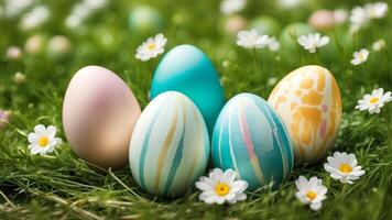 Easter decorative scene adorned close up of five colorful eggs with painted in green meadow with little flowers photo