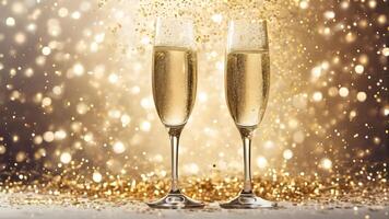 two champagne glasses on table adorned golden sparkle and yellow bokeh light background. Center composed. Celebrate moment event scene. photo