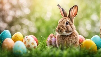 Close up brown rabbit in meadow right composed. Easter decorative scene adorned colorful and painted eggs and sparkle bokeh light on background photo