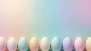Easter decorative scene adorned close up align one lines of colorful pastel eggs with patterned and pastel gradient backdrop with free space for creative design photo
